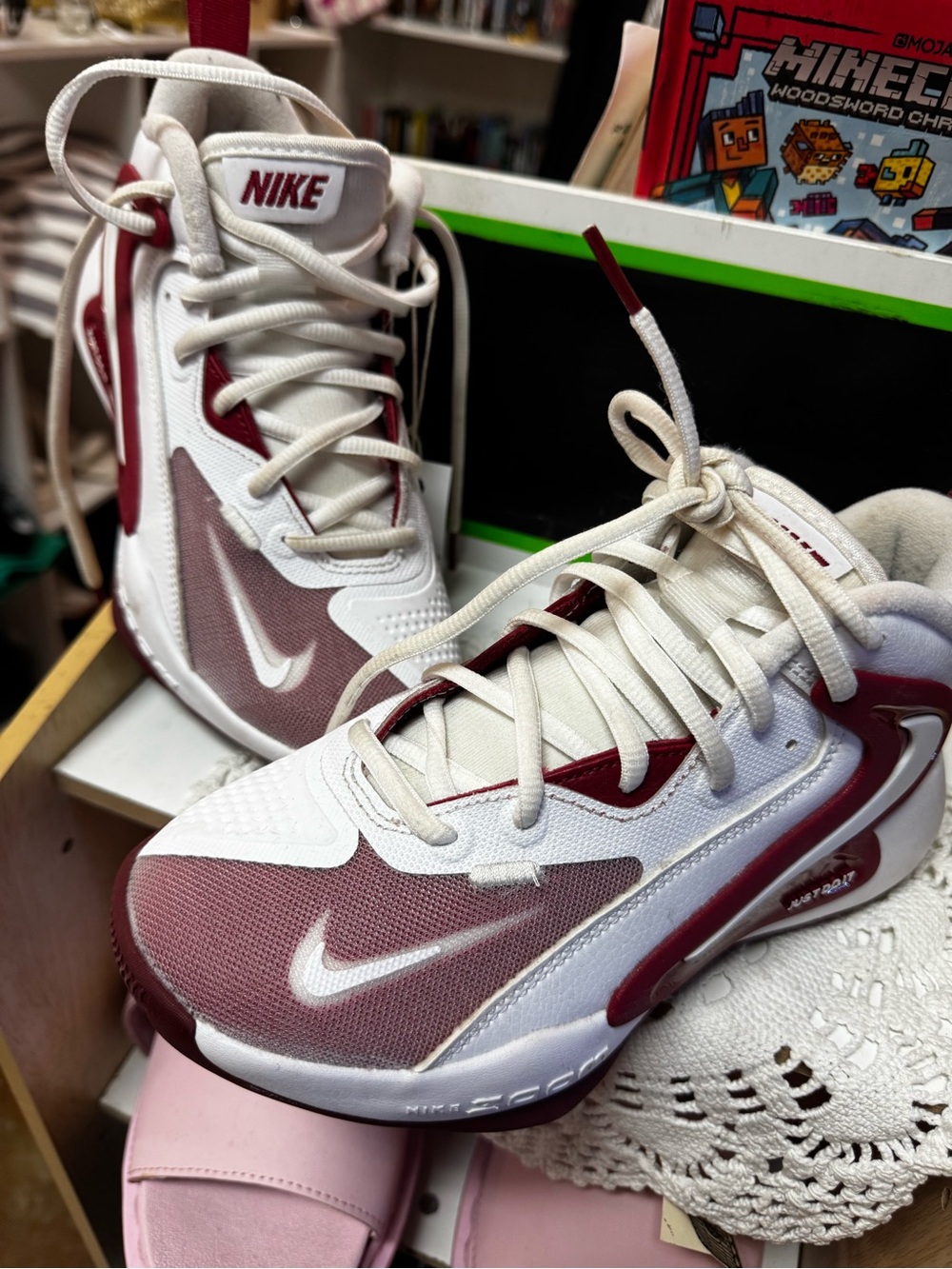 Nike Kids White and Maroon/Taupe Basketball Sneakers